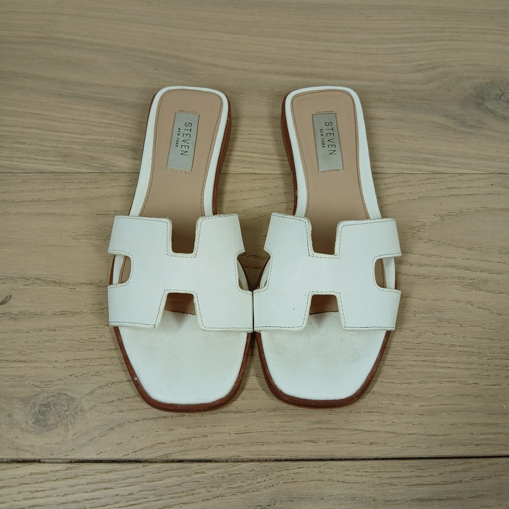 Steven New York Sandals Womens 5 White Leather Slide Flat H Cutout